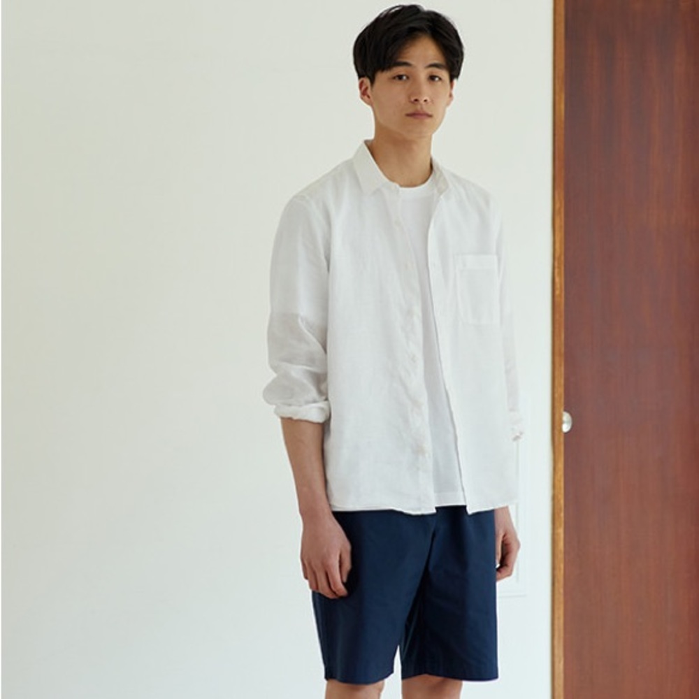 MUJI French Linen Washed Stand Up Mandarin collar button up